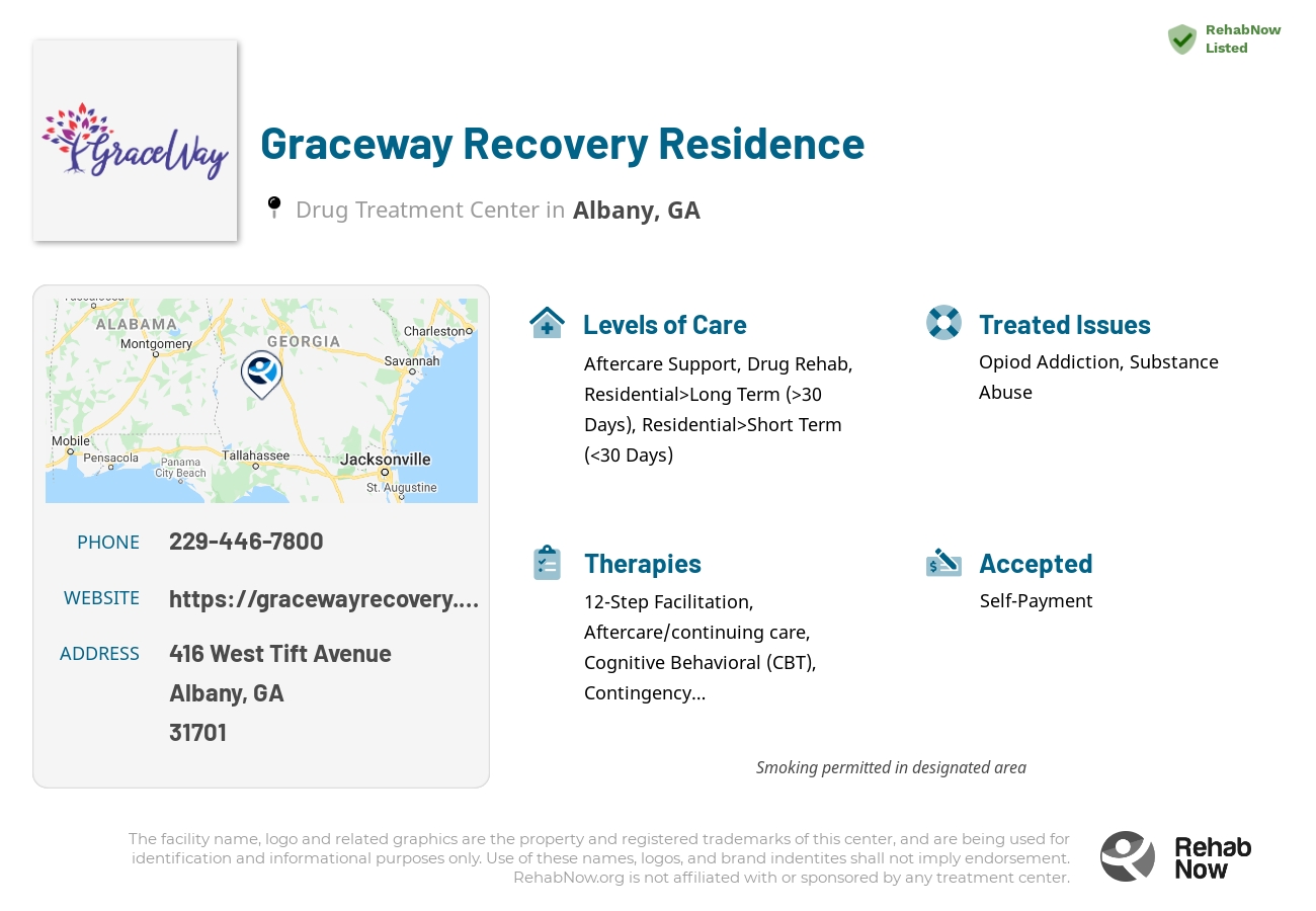 Helpful reference information for Graceway Recovery Residence, a drug treatment center in Georgia located at: 416 West Tift Avenue, Albany, GA 31701, including phone numbers, official website, and more. Listed briefly is an overview of Levels of Care, Therapies Offered, Issues Treated, and accepted forms of Payment Methods.