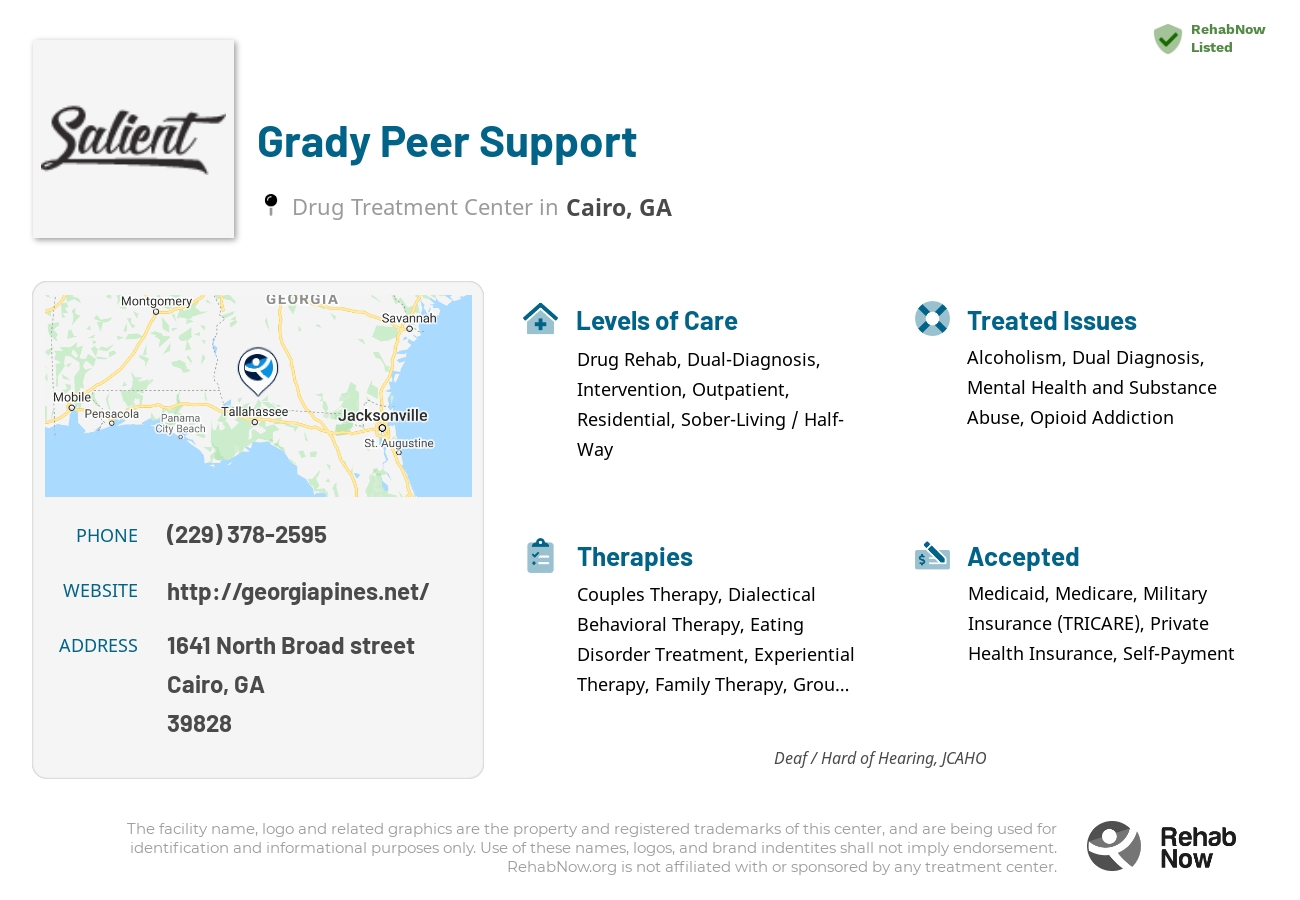 Helpful reference information for Grady Peer Support, a drug treatment center in Georgia located at: 1641 1641 North Broad street, Cairo, GA 39828, including phone numbers, official website, and more. Listed briefly is an overview of Levels of Care, Therapies Offered, Issues Treated, and accepted forms of Payment Methods.