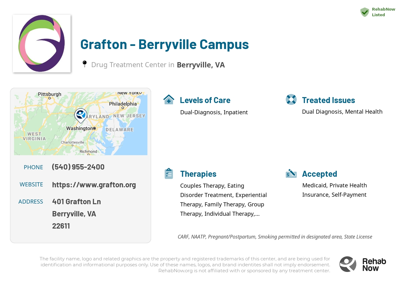 Helpful reference information for Grafton - Berryville Campus, a drug treatment center in Virginia located at: 401 Grafton Ln, Berryville, VA 22611, including phone numbers, official website, and more. Listed briefly is an overview of Levels of Care, Therapies Offered, Issues Treated, and accepted forms of Payment Methods.
