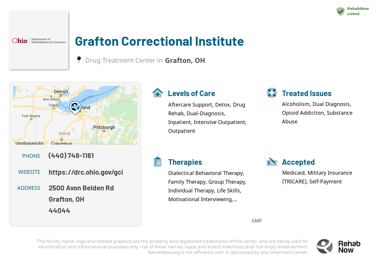 Helpful reference information for Grafton Correctional Institute, a drug treatment center in Ohio located at: 2500 Avon Belden Rd, Grafton, OH 44044, including phone numbers, official website, and more. Listed briefly is an overview of Levels of Care, Therapies Offered, Issues Treated, and accepted forms of Payment Methods.