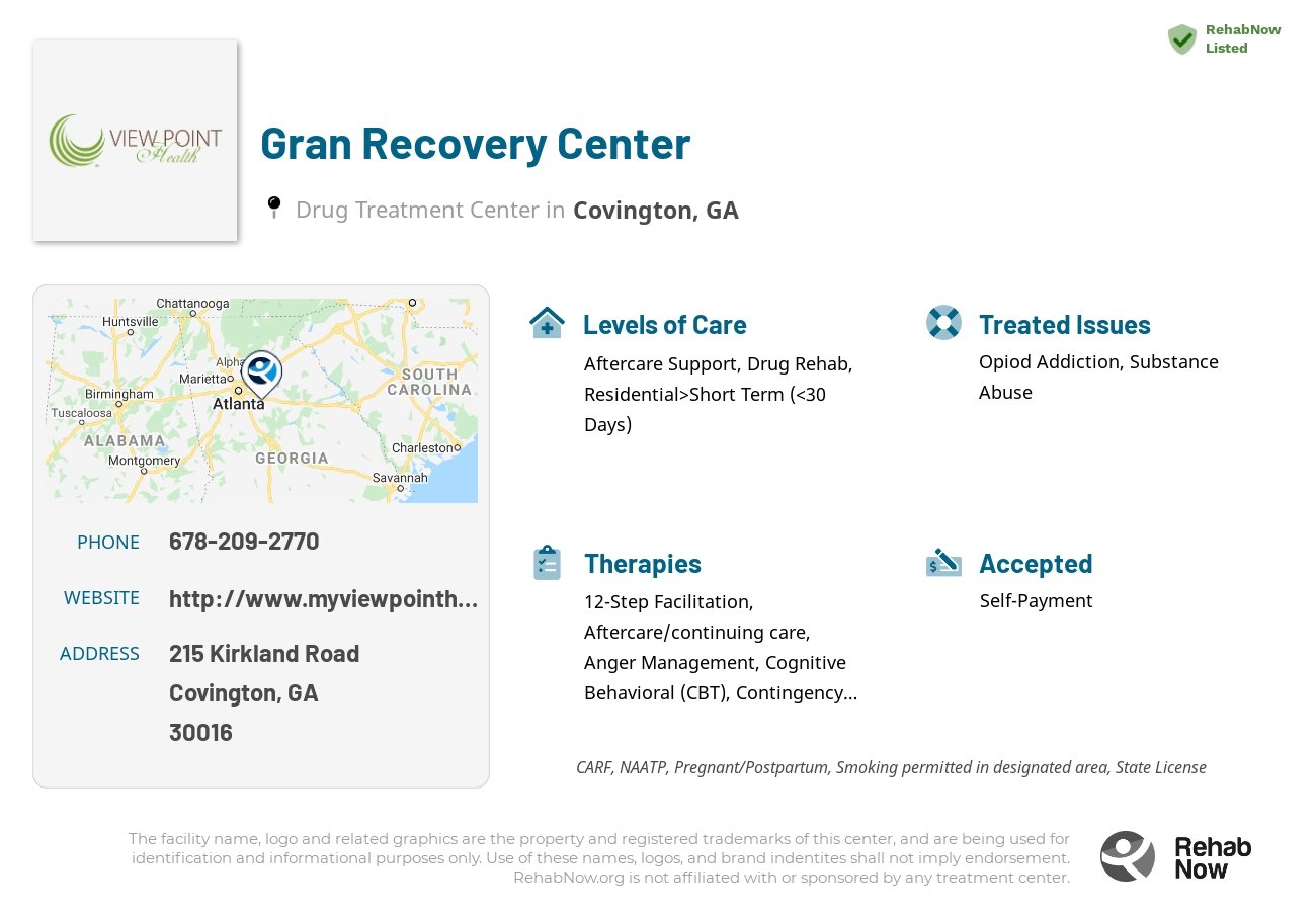 Helpful reference information for Gran Recovery Center, a drug treatment center in Georgia located at: 215 Kirkland Road, Covington, GA 30016, including phone numbers, official website, and more. Listed briefly is an overview of Levels of Care, Therapies Offered, Issues Treated, and accepted forms of Payment Methods.