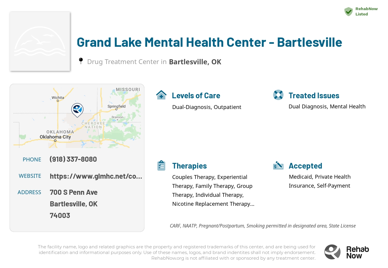 Helpful reference information for Grand Lake Mental Health Center - Bartlesville, a drug treatment center in Oklahoma located at: 700 S Penn Ave, Bartlesville, OK 74003, including phone numbers, official website, and more. Listed briefly is an overview of Levels of Care, Therapies Offered, Issues Treated, and accepted forms of Payment Methods.
