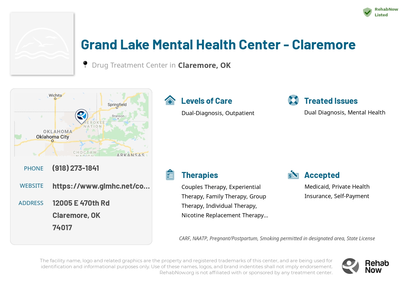 Helpful reference information for Grand Lake Mental Health Center - Claremore, a drug treatment center in Oklahoma located at: 12005 E 470th Rd, Claremore, OK 74017, including phone numbers, official website, and more. Listed briefly is an overview of Levels of Care, Therapies Offered, Issues Treated, and accepted forms of Payment Methods.