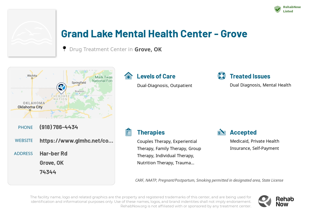 Helpful reference information for Grand Lake Mental Health Center - Grove, a drug treatment center in Oklahoma located at: Har-ber Rd, Grove, OK 74344, including phone numbers, official website, and more. Listed briefly is an overview of Levels of Care, Therapies Offered, Issues Treated, and accepted forms of Payment Methods.