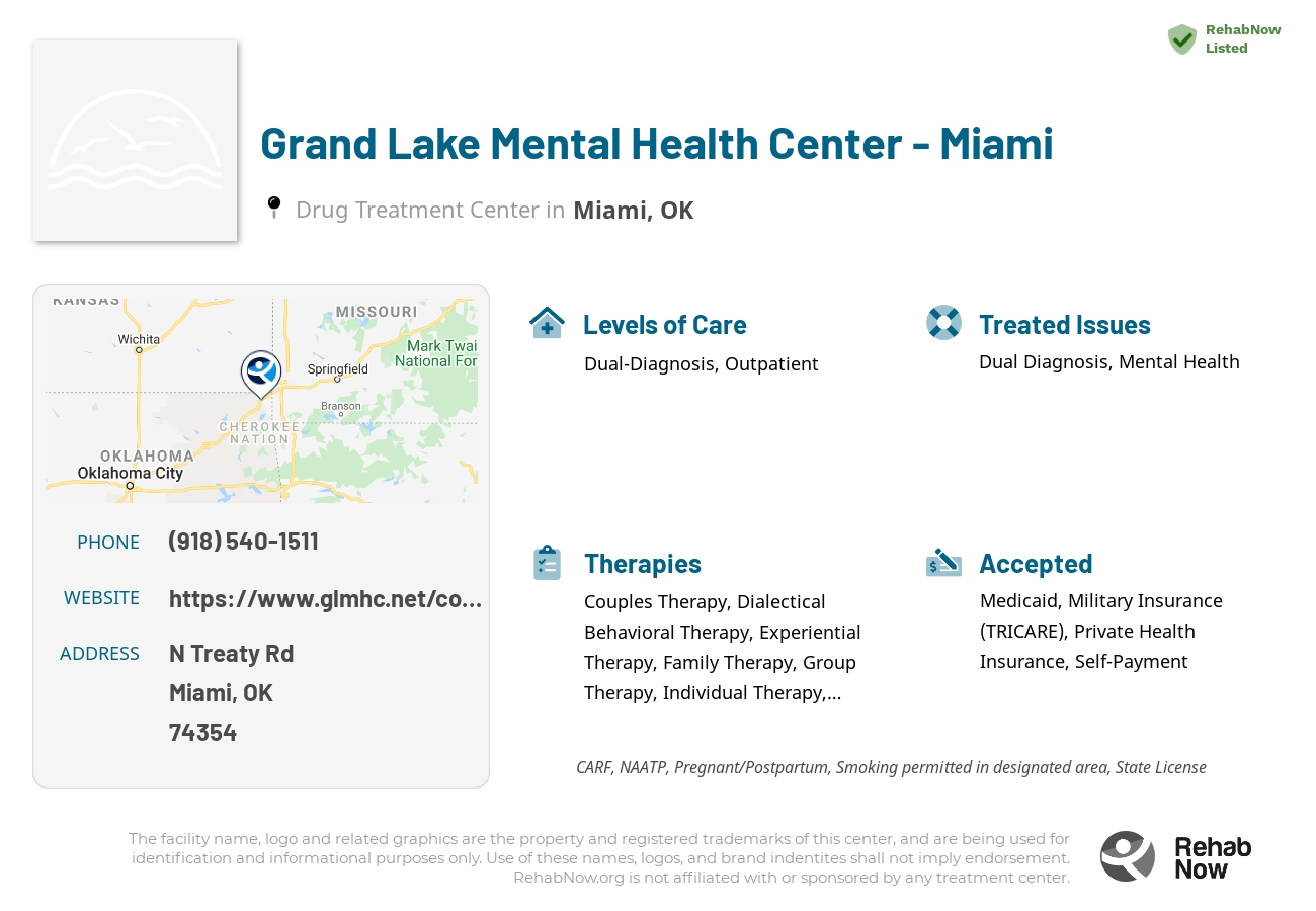 Helpful reference information for Grand Lake Mental Health Center - Miami, a drug treatment center in Oklahoma located at: N Treaty Rd, Miami, OK 74354, including phone numbers, official website, and more. Listed briefly is an overview of Levels of Care, Therapies Offered, Issues Treated, and accepted forms of Payment Methods.
