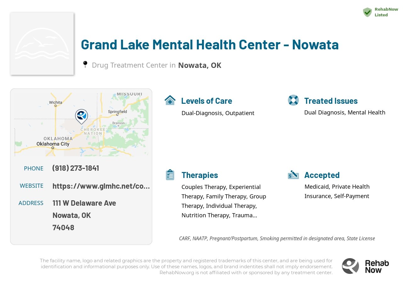 Helpful reference information for Grand Lake Mental Health Center - Nowata, a drug treatment center in Oklahoma located at: 111 W Delaware Ave, Nowata, OK 74048, including phone numbers, official website, and more. Listed briefly is an overview of Levels of Care, Therapies Offered, Issues Treated, and accepted forms of Payment Methods.
