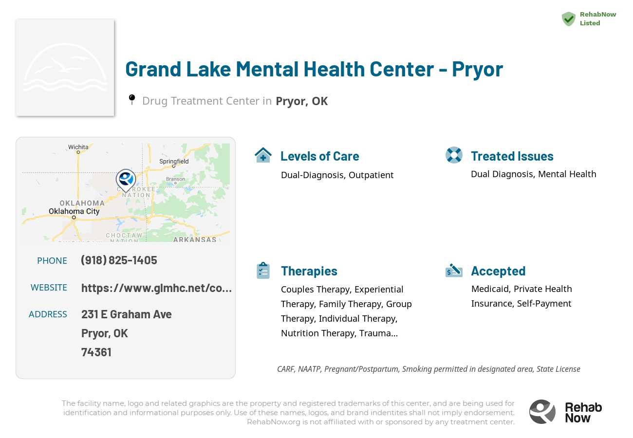 Helpful reference information for Grand Lake Mental Health Center - Pryor, a drug treatment center in Oklahoma located at: 231 E Graham Ave, Pryor, OK 74361, including phone numbers, official website, and more. Listed briefly is an overview of Levels of Care, Therapies Offered, Issues Treated, and accepted forms of Payment Methods.