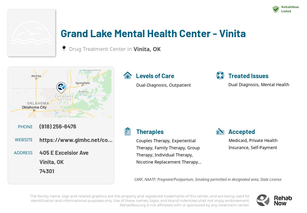 Helpful reference information for Grand Lake Mental Health Center - Vinita, a drug treatment center in Oklahoma located at: 405 E Excelsior Ave, Vinita, OK 74301, including phone numbers, official website, and more. Listed briefly is an overview of Levels of Care, Therapies Offered, Issues Treated, and accepted forms of Payment Methods.