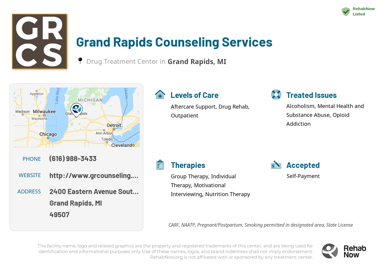 Helpful reference information for Grand Rapids Counseling Services, a drug treatment center in Michigan located at: 2400 2400 Eastern Avenue Southeast, Grand Rapids, MI 49507, including phone numbers, official website, and more. Listed briefly is an overview of Levels of Care, Therapies Offered, Issues Treated, and accepted forms of Payment Methods.