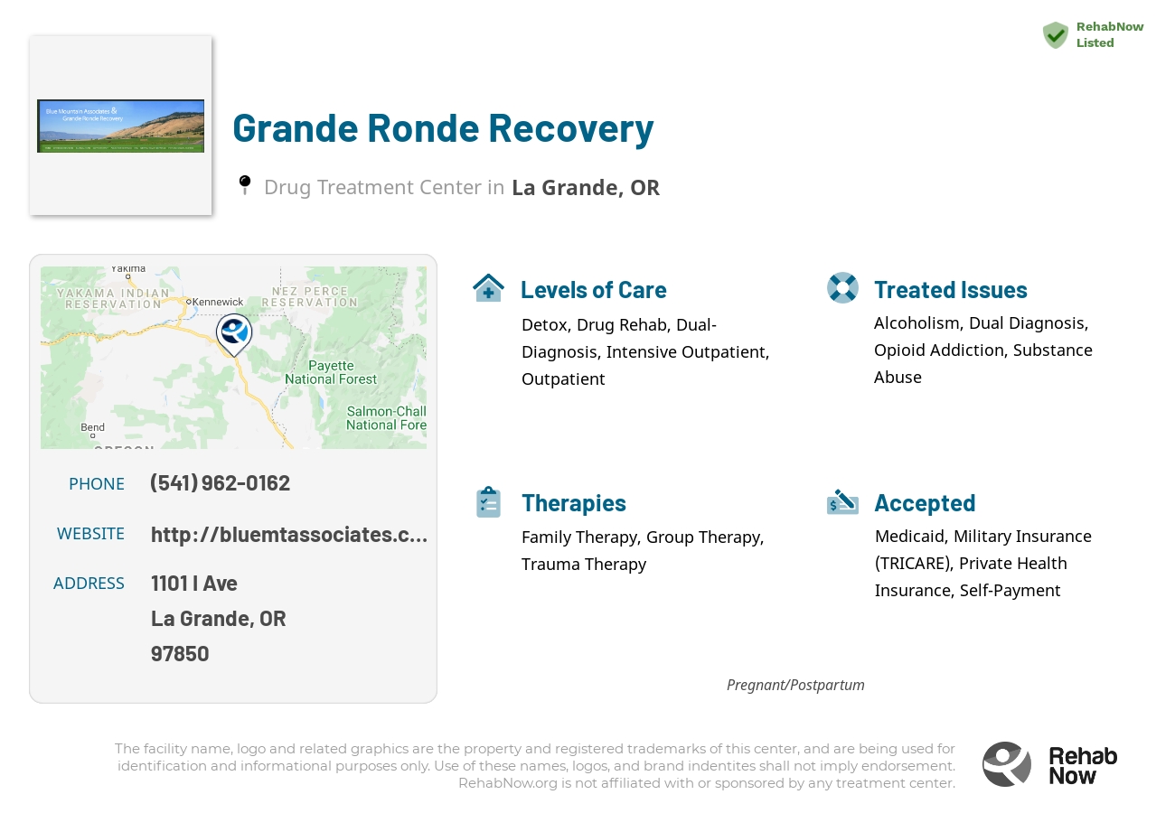 Helpful reference information for Grande Ronde Recovery, a drug treatment center in Oregon located at: 1101 I Ave, La Grande, OR 97850, including phone numbers, official website, and more. Listed briefly is an overview of Levels of Care, Therapies Offered, Issues Treated, and accepted forms of Payment Methods.