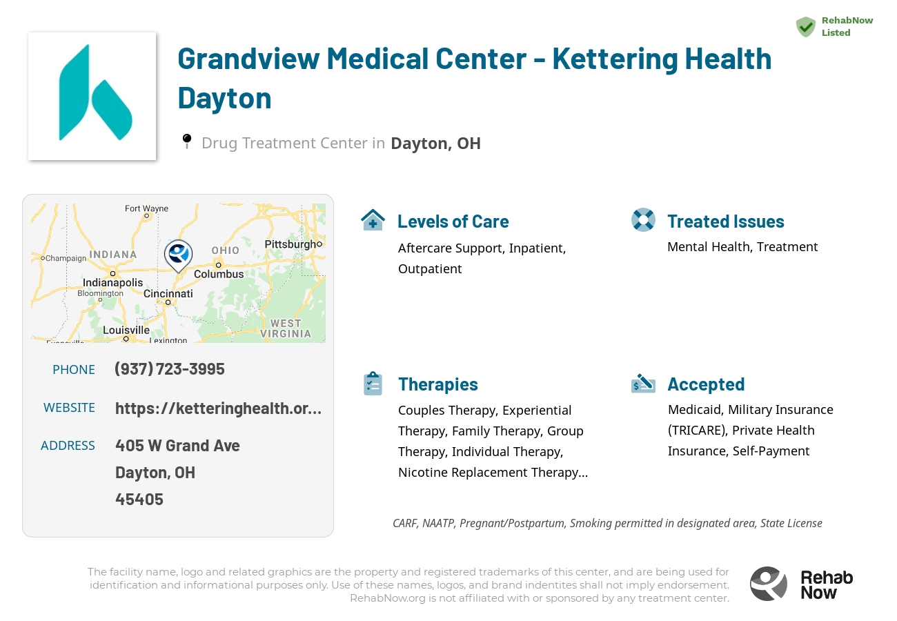 Helpful reference information for Grandview Medical Center - Kettering Health Dayton, a drug treatment center in Ohio located at: 405 W Grand Ave, Dayton, OH 45405, including phone numbers, official website, and more. Listed briefly is an overview of Levels of Care, Therapies Offered, Issues Treated, and accepted forms of Payment Methods.