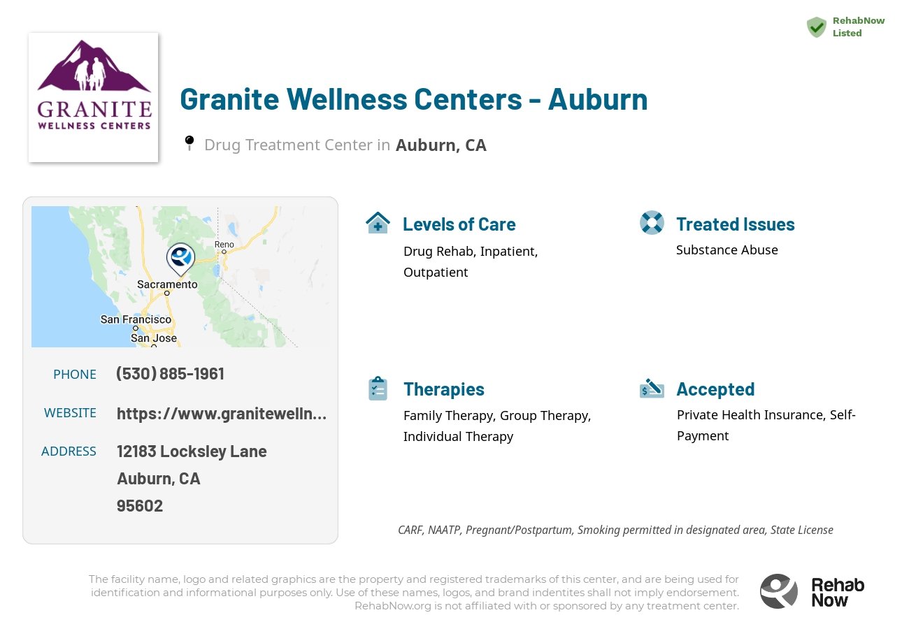 Helpful reference information for Granite Wellness Centers - Auburn, a drug treatment center in California located at: 12183 Locksley Lane, Auburn, CA, 95602, including phone numbers, official website, and more. Listed briefly is an overview of Levels of Care, Therapies Offered, Issues Treated, and accepted forms of Payment Methods.