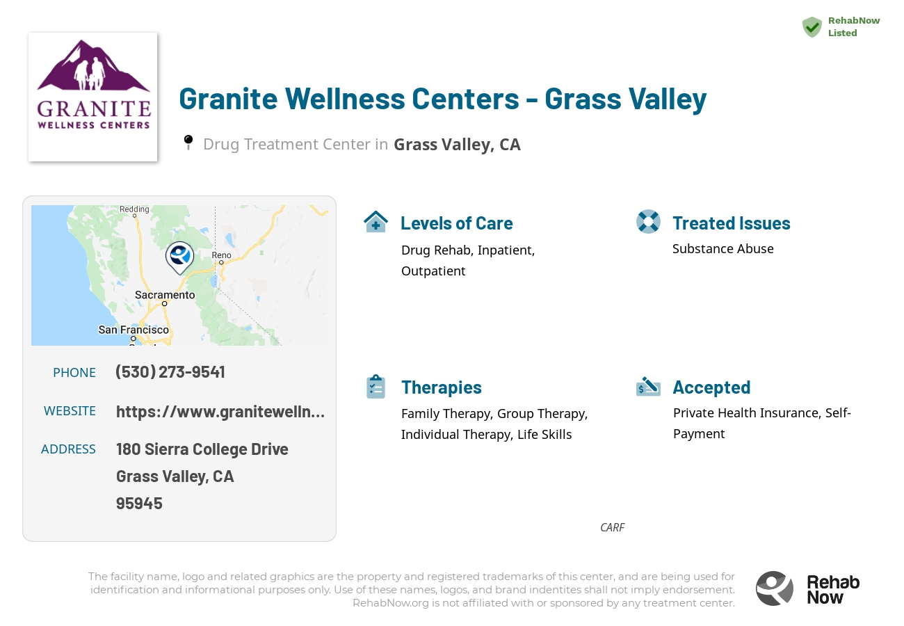 Helpful reference information for Granite Wellness Centers - Grass Valley, a drug treatment center in California located at: 180 Sierra College Drive, Grass Valley, CA, 95945, including phone numbers, official website, and more. Listed briefly is an overview of Levels of Care, Therapies Offered, Issues Treated, and accepted forms of Payment Methods.