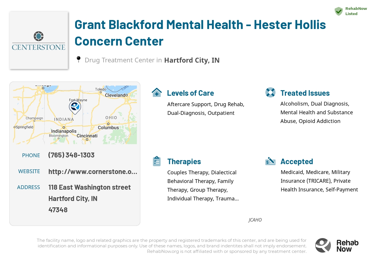 Helpful reference information for Grant Blackford Mental Health - Hester Hollis Concern Center, a drug treatment center in Indiana located at: 118 East Washington street, Hartford City, IN, 47348, including phone numbers, official website, and more. Listed briefly is an overview of Levels of Care, Therapies Offered, Issues Treated, and accepted forms of Payment Methods.