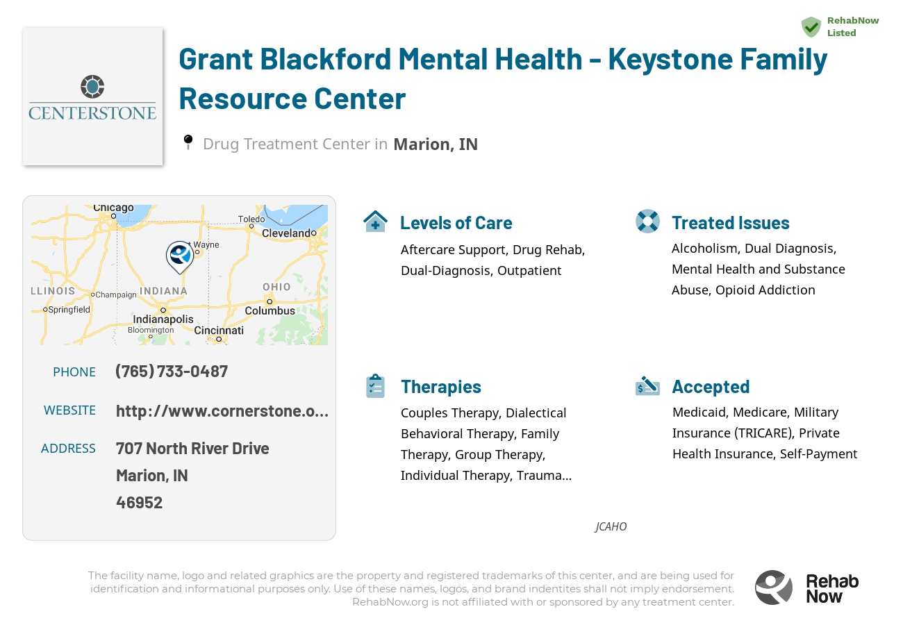 Helpful reference information for Grant Blackford Mental Health - Keystone Family Resource Center, a drug treatment center in Indiana located at: 707 North River Drive, Marion, IN, 46952, including phone numbers, official website, and more. Listed briefly is an overview of Levels of Care, Therapies Offered, Issues Treated, and accepted forms of Payment Methods.