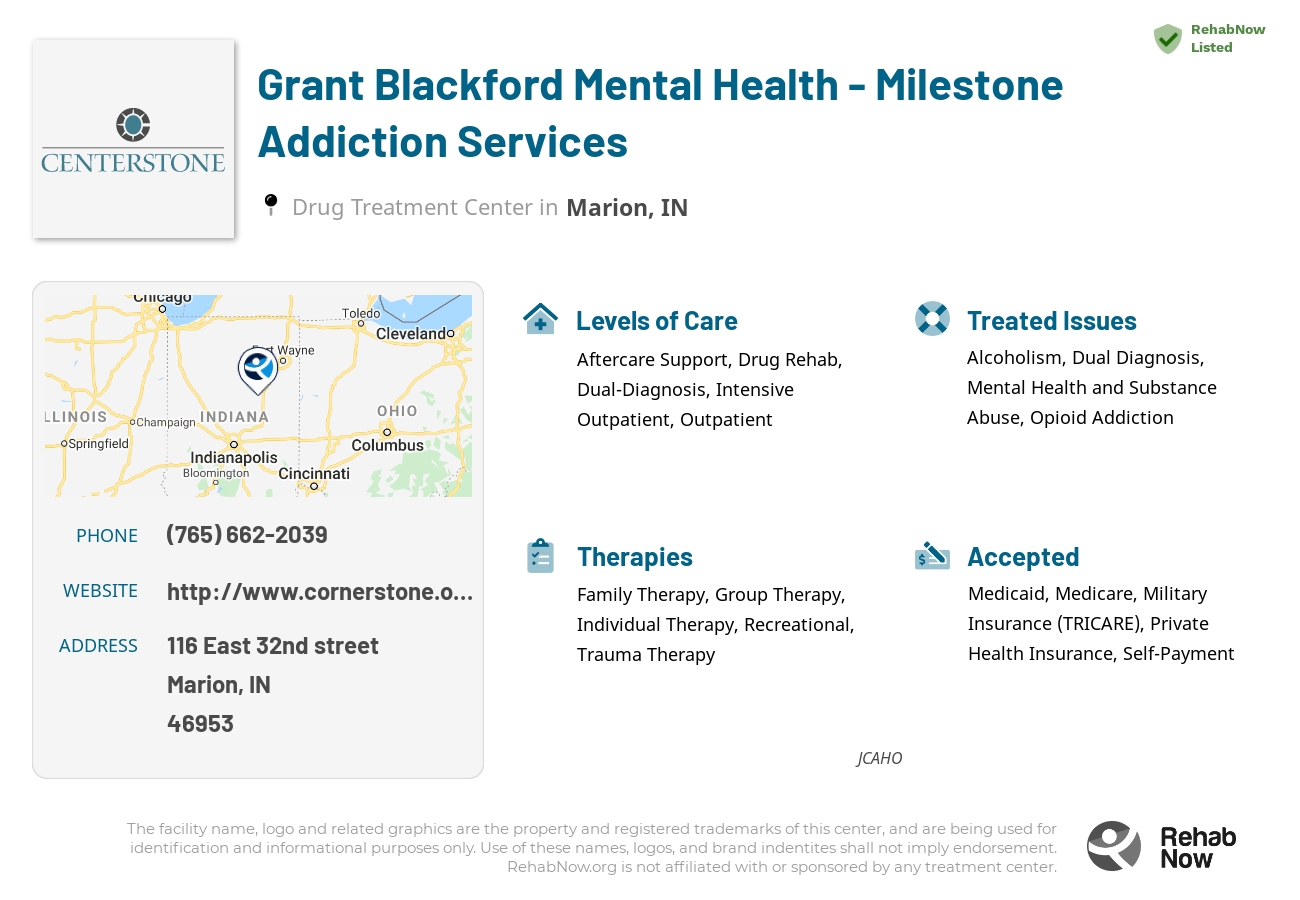 Helpful reference information for Grant Blackford Mental Health - Milestone Addiction Services, a drug treatment center in Indiana located at: 116 East 32nd street, Marion, IN, 46953, including phone numbers, official website, and more. Listed briefly is an overview of Levels of Care, Therapies Offered, Issues Treated, and accepted forms of Payment Methods.