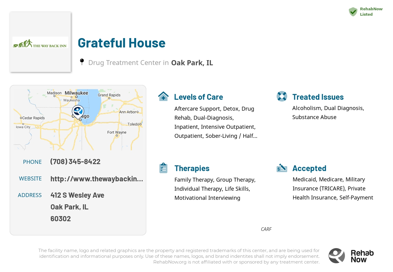Helpful reference information for Grateful House, a drug treatment center in Illinois located at: 412 S Wesley Ave, Oak Park, IL 60302, including phone numbers, official website, and more. Listed briefly is an overview of Levels of Care, Therapies Offered, Issues Treated, and accepted forms of Payment Methods.