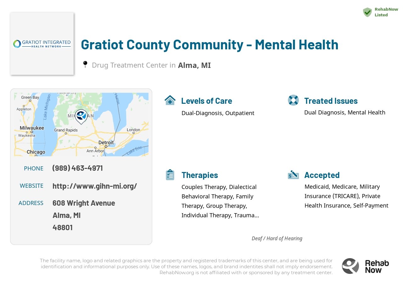 Helpful reference information for Gratiot County Community - Mental Health, a drug treatment center in Michigan located at: 608 608 Wright Avenue, Alma, MI 48801, including phone numbers, official website, and more. Listed briefly is an overview of Levels of Care, Therapies Offered, Issues Treated, and accepted forms of Payment Methods.