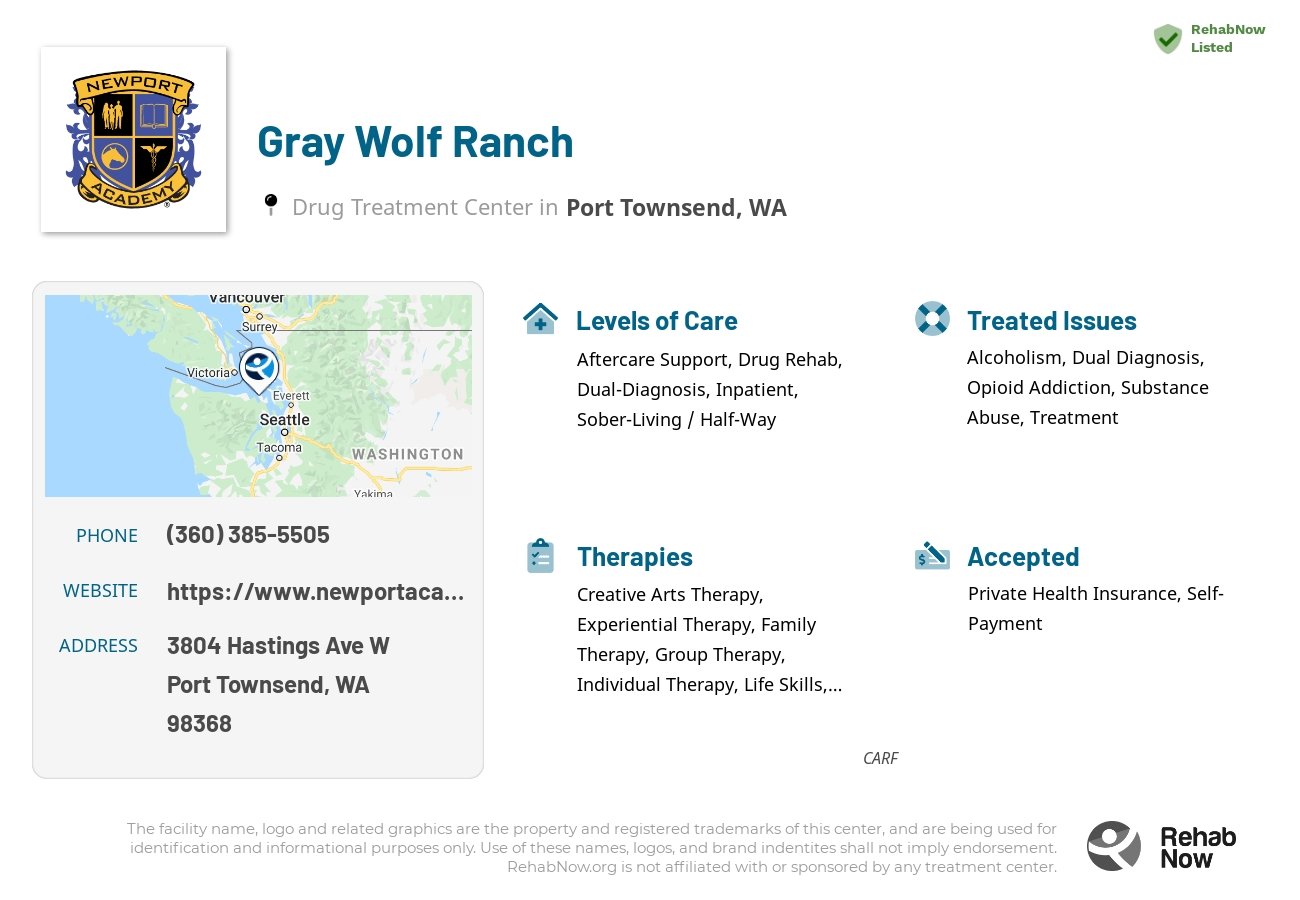 Helpful reference information for Gray Wolf Ranch, a drug treatment center in Washington located at: 3804 Hastings Ave W, Port Townsend, WA 98368, including phone numbers, official website, and more. Listed briefly is an overview of Levels of Care, Therapies Offered, Issues Treated, and accepted forms of Payment Methods.