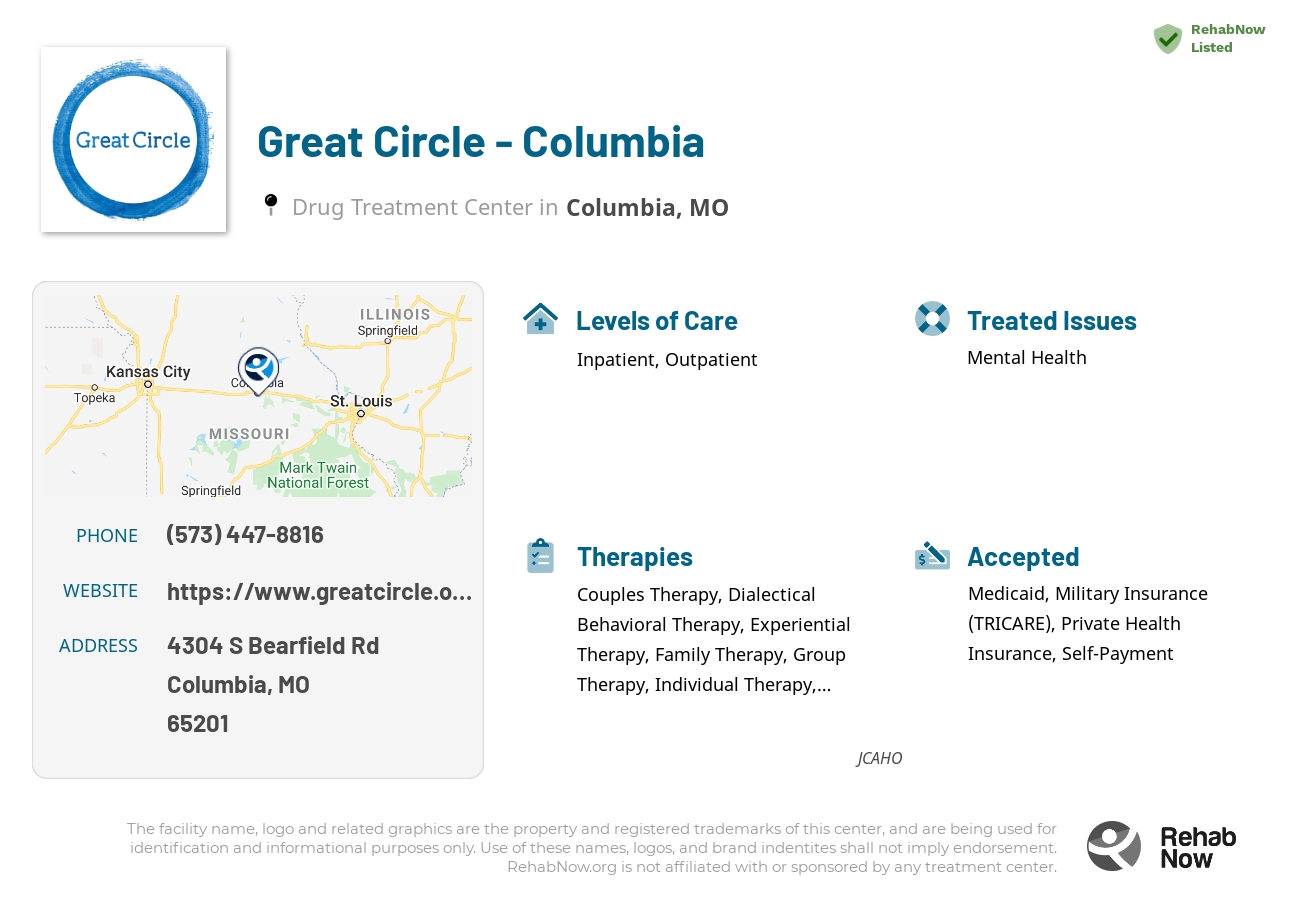 Helpful reference information for Great Circle - Columbia, a drug treatment center in Missouri located at: 4304 S Bearfield Rd, Columbia, MO 65201, including phone numbers, official website, and more. Listed briefly is an overview of Levels of Care, Therapies Offered, Issues Treated, and accepted forms of Payment Methods.