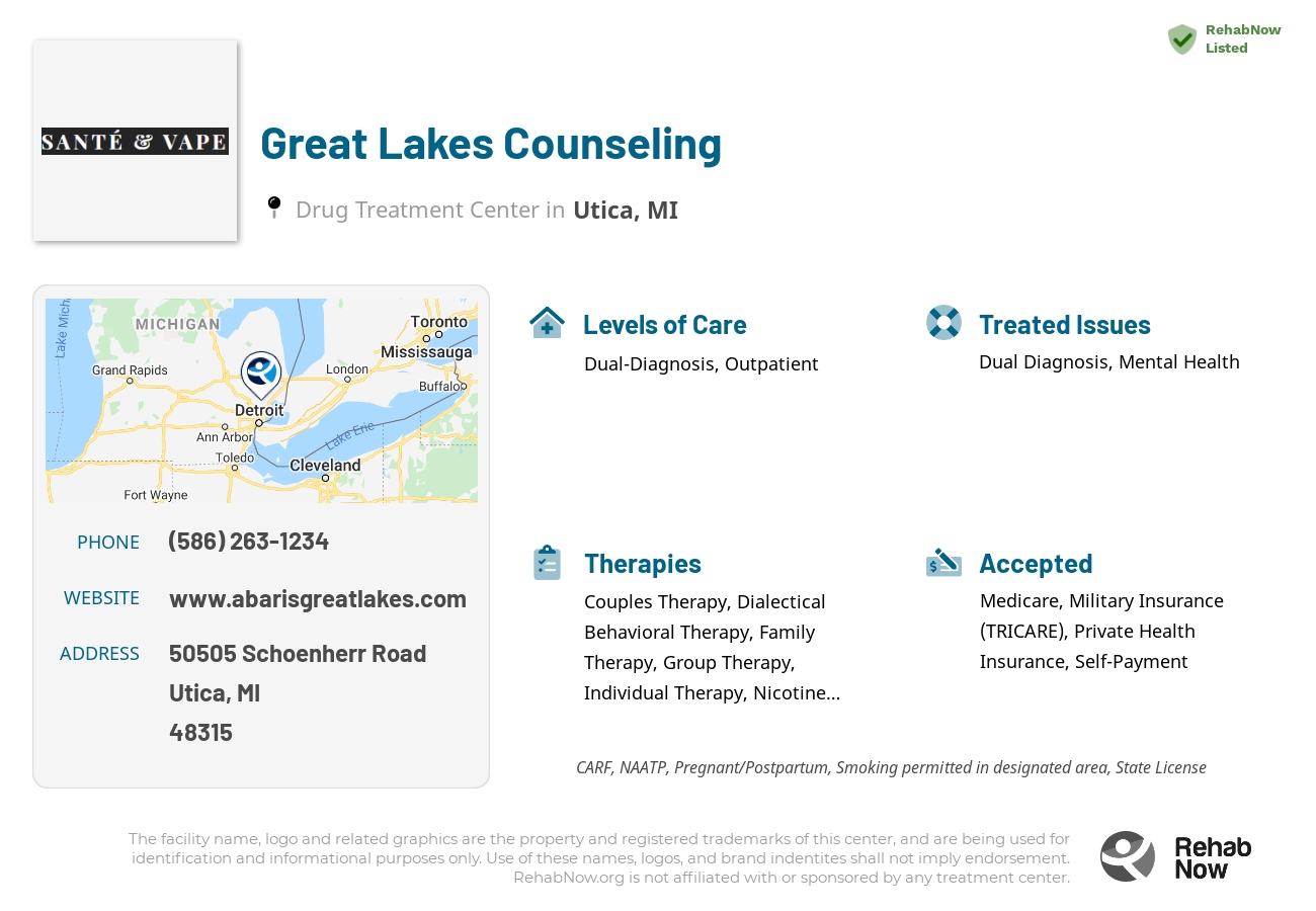 Helpful reference information for Great Lakes Counseling, a drug treatment center in Michigan located at: 50505 50505 Schoenherr Road, Utica, MI 48315, including phone numbers, official website, and more. Listed briefly is an overview of Levels of Care, Therapies Offered, Issues Treated, and accepted forms of Payment Methods.