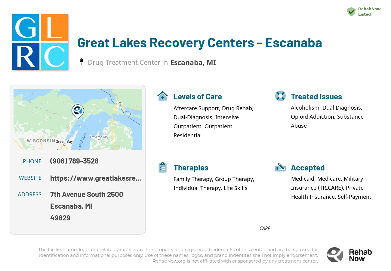 Helpful reference information for Great Lakes Recovery Centers - Escanaba, a drug treatment center in Michigan located at: 7th Avenue South 2500, Escanaba, MI, 49829, including phone numbers, official website, and more. Listed briefly is an overview of Levels of Care, Therapies Offered, Issues Treated, and accepted forms of Payment Methods.