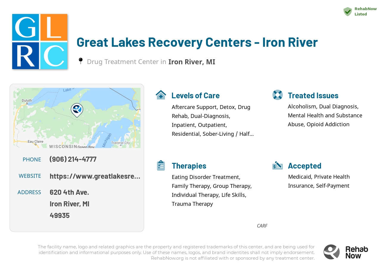 Helpful reference information for Great Lakes Recovery Centers - Iron River, a drug treatment center in Michigan located at: 620 4th Ave., Iron River, MI, 49935, including phone numbers, official website, and more. Listed briefly is an overview of Levels of Care, Therapies Offered, Issues Treated, and accepted forms of Payment Methods.