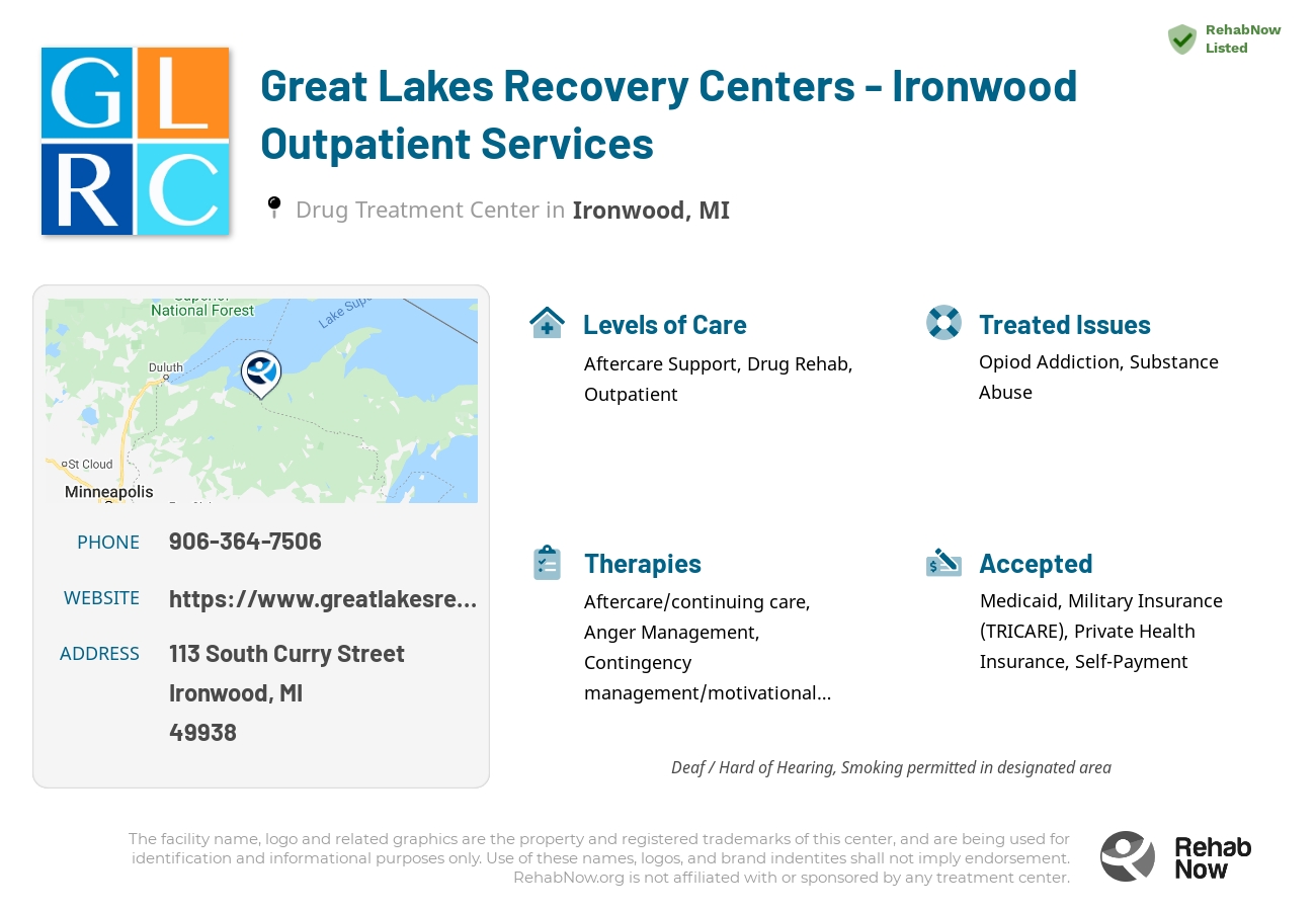 Helpful reference information for Great Lakes Recovery Centers - Ironwood Outpatient Services, a drug treatment center in Michigan located at: 113 South Curry Street, Ironwood, MI 49938, including phone numbers, official website, and more. Listed briefly is an overview of Levels of Care, Therapies Offered, Issues Treated, and accepted forms of Payment Methods.