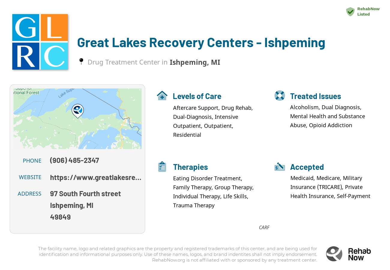Helpful reference information for Great Lakes Recovery Centers - Ishpeming, a drug treatment center in Michigan located at: 97 South Fourth street, Ishpeming, MI, 49849, including phone numbers, official website, and more. Listed briefly is an overview of Levels of Care, Therapies Offered, Issues Treated, and accepted forms of Payment Methods.