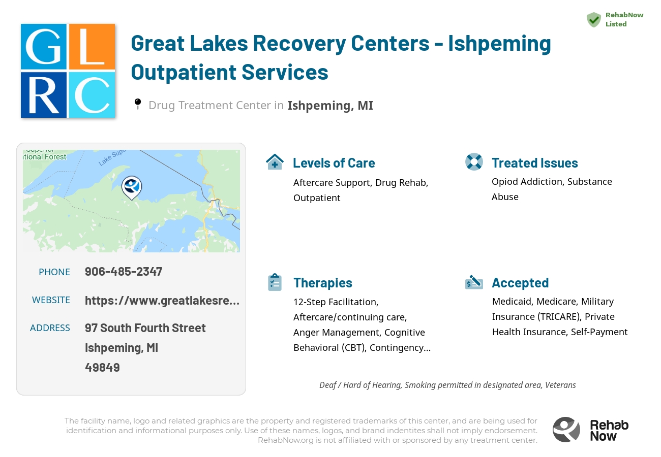 Helpful reference information for Great Lakes Recovery Centers - Ishpeming Outpatient Services, a drug treatment center in Michigan located at: 97 South Fourth Street, Ishpeming, MI 49849, including phone numbers, official website, and more. Listed briefly is an overview of Levels of Care, Therapies Offered, Issues Treated, and accepted forms of Payment Methods.