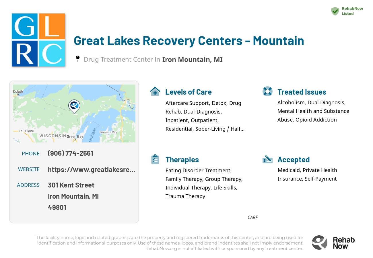 Helpful reference information for Great Lakes Recovery Centers - Mountain, a drug treatment center in Michigan located at: 301 Kent Street, Iron Mountain, MI, 49801, including phone numbers, official website, and more. Listed briefly is an overview of Levels of Care, Therapies Offered, Issues Treated, and accepted forms of Payment Methods.
