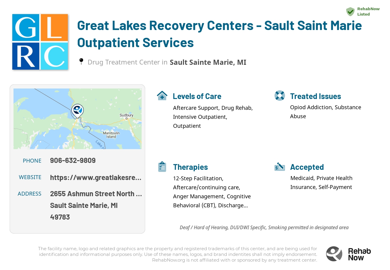 Helpful reference information for Great Lakes Recovery Centers - Sault Saint Marie Outpatient Services, a drug treatment center in Michigan located at: 2655 Ashmun Street North Entrance, Sault Sainte Marie, MI 49783, including phone numbers, official website, and more. Listed briefly is an overview of Levels of Care, Therapies Offered, Issues Treated, and accepted forms of Payment Methods.