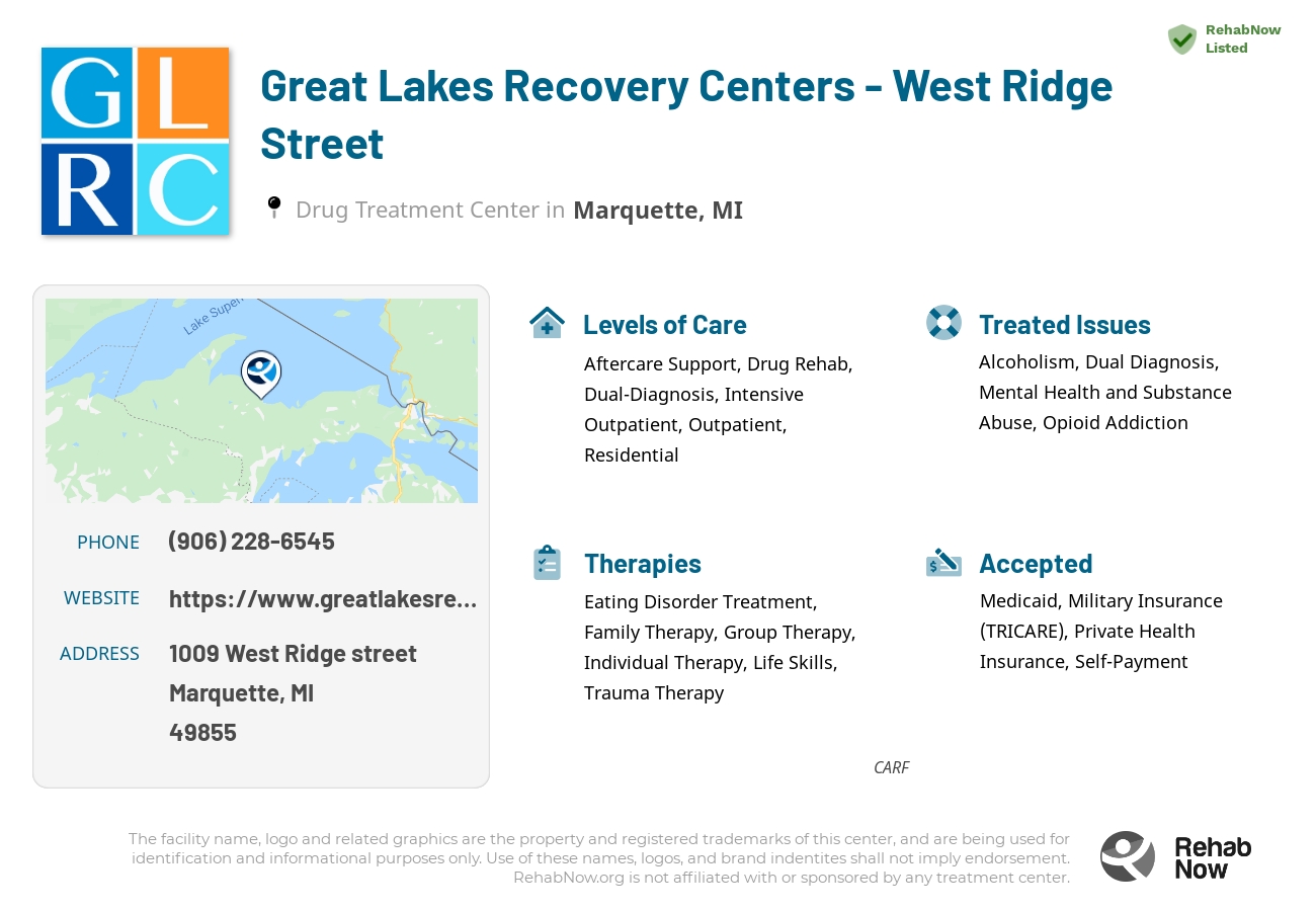 Helpful reference information for Great Lakes Recovery Centers - West Ridge Street, a drug treatment center in Michigan located at: 1009 West Ridge street, Marquette, MI, 49855, including phone numbers, official website, and more. Listed briefly is an overview of Levels of Care, Therapies Offered, Issues Treated, and accepted forms of Payment Methods.