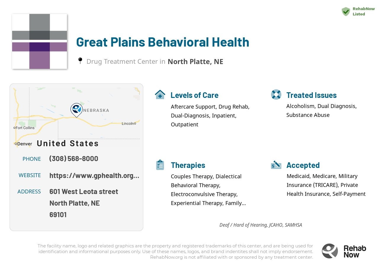 Helpful reference information for Great Plains Behavioral Health, a drug treatment center in Nebraska located at: 601 601 West Leota street, North Platte, NE 69101, including phone numbers, official website, and more. Listed briefly is an overview of Levels of Care, Therapies Offered, Issues Treated, and accepted forms of Payment Methods.