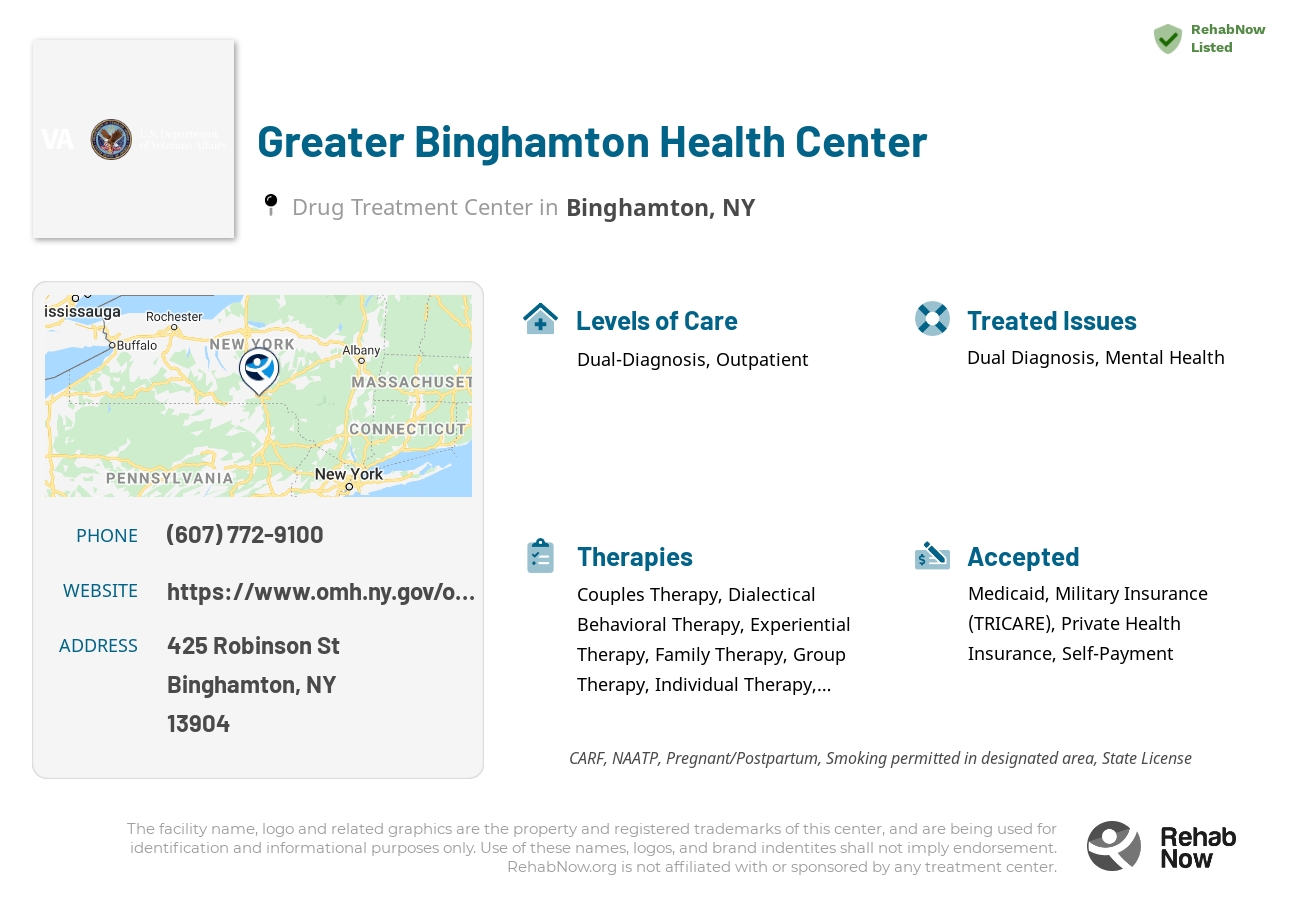 Helpful reference information for Greater Binghamton Health Center, a drug treatment center in New York located at: 425 Robinson St, Binghamton, NY 13904, including phone numbers, official website, and more. Listed briefly is an overview of Levels of Care, Therapies Offered, Issues Treated, and accepted forms of Payment Methods.