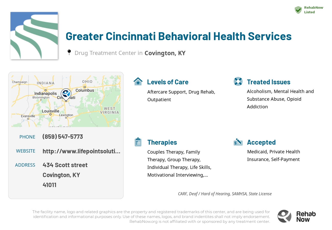 Helpful reference information for Greater Cincinnati Behavioral Health Services, a drug treatment center in Kentucky located at: 434 Scott street, Covington, KY, 41011, including phone numbers, official website, and more. Listed briefly is an overview of Levels of Care, Therapies Offered, Issues Treated, and accepted forms of Payment Methods.