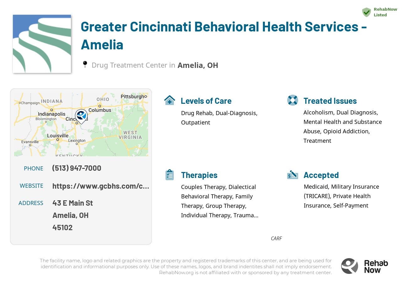 Helpful reference information for Greater Cincinnati Behavioral Health Services - Amelia, a drug treatment center in Ohio located at: 43 E Main St, Amelia, OH 45102, including phone numbers, official website, and more. Listed briefly is an overview of Levels of Care, Therapies Offered, Issues Treated, and accepted forms of Payment Methods.