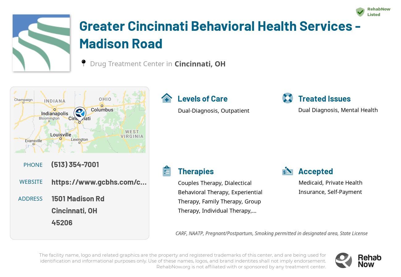 Helpful reference information for Greater Cincinnati Behavioral Health Services - Madison Road, a drug treatment center in Ohio located at: 1501 Madison Rd, Cincinnati, OH 45206, including phone numbers, official website, and more. Listed briefly is an overview of Levels of Care, Therapies Offered, Issues Treated, and accepted forms of Payment Methods.