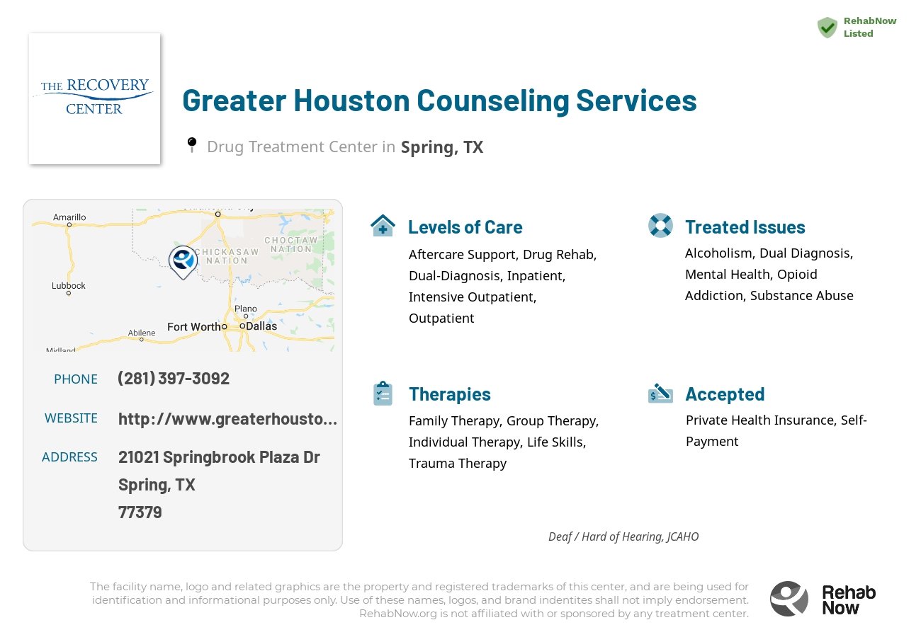 Helpful reference information for Greater Houston Counseling Services, a drug treatment center in Texas located at: 2501 Taylor Street, Wichita Falls, TX, 76309, including phone numbers, official website, and more. Listed briefly is an overview of Levels of Care, Therapies Offered, Issues Treated, and accepted forms of Payment Methods.