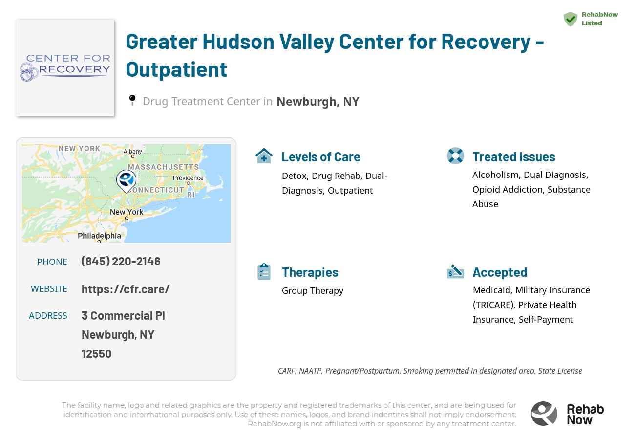 Helpful reference information for Greater Hudson Valley Center for Recovery - Outpatient, a drug treatment center in New York located at: 3 Commercial Pl, Newburgh, NY 12550, including phone numbers, official website, and more. Listed briefly is an overview of Levels of Care, Therapies Offered, Issues Treated, and accepted forms of Payment Methods.