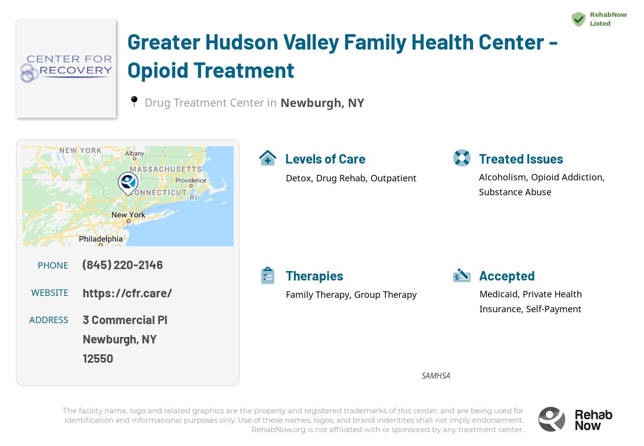 Helpful reference information for Greater Hudson Valley Family Health Center - Opioid Treatment, a drug treatment center in New York located at: 3 Commercial Pl, Newburgh, NY 12550, including phone numbers, official website, and more. Listed briefly is an overview of Levels of Care, Therapies Offered, Issues Treated, and accepted forms of Payment Methods.