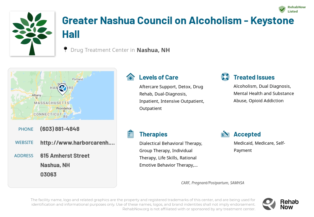 Helpful reference information for Greater Nashua Council on Alcoholism - Keystone Hall, a drug treatment center in New Hampshire located at: 615 615 Amherst Street, Nashua, NH 03063, including phone numbers, official website, and more. Listed briefly is an overview of Levels of Care, Therapies Offered, Issues Treated, and accepted forms of Payment Methods.