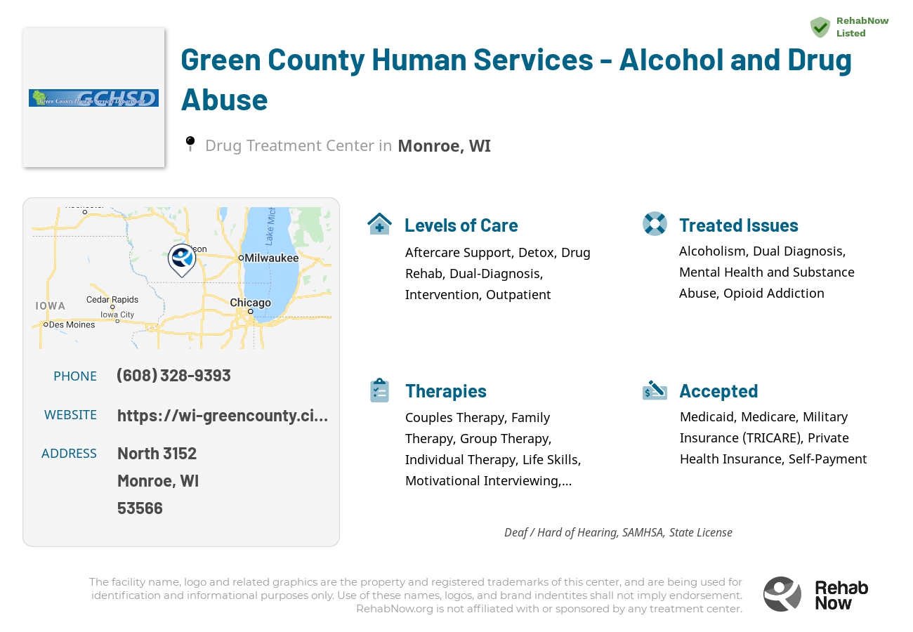 Helpful reference information for Green County Human Services - Alcohol and Drug Abuse, a drug treatment center in Wisconsin located at: North 3152, Monroe, WI 53566, including phone numbers, official website, and more. Listed briefly is an overview of Levels of Care, Therapies Offered, Issues Treated, and accepted forms of Payment Methods.
