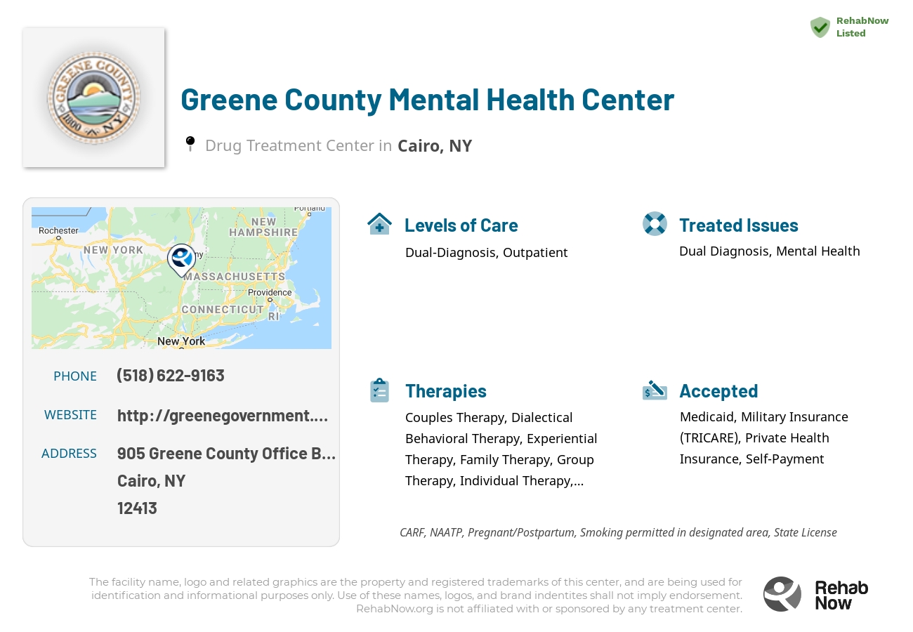 Helpful reference information for Greene County Mental Health Center, a drug treatment center in New York located at: 905 Greene County Office Building, Cairo, NY 12413, including phone numbers, official website, and more. Listed briefly is an overview of Levels of Care, Therapies Offered, Issues Treated, and accepted forms of Payment Methods.