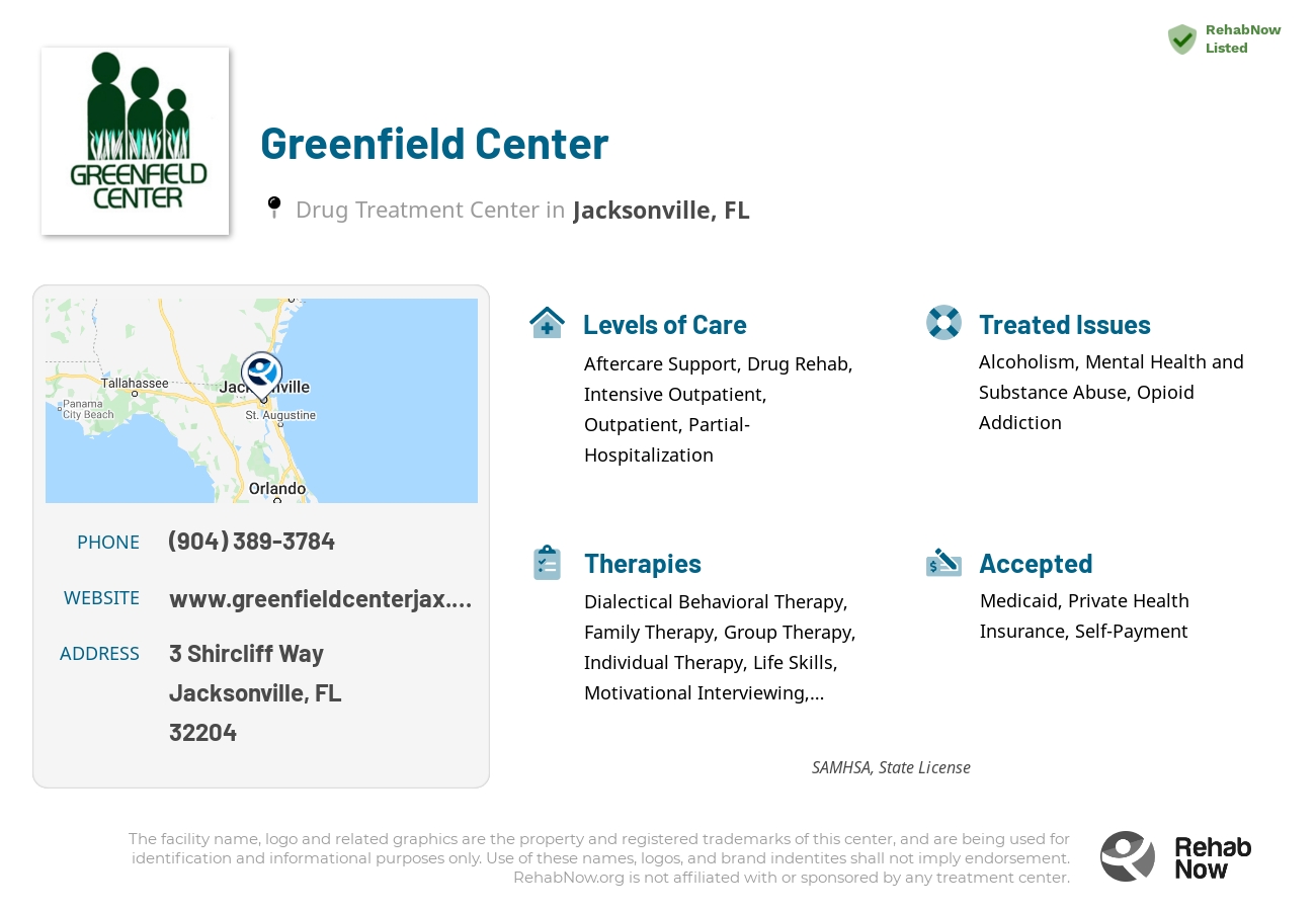 Helpful reference information for Greenfield Center, a drug treatment center in Florida located at: 3 Shircliff Way, Jacksonville, FL, 32204, including phone numbers, official website, and more. Listed briefly is an overview of Levels of Care, Therapies Offered, Issues Treated, and accepted forms of Payment Methods.