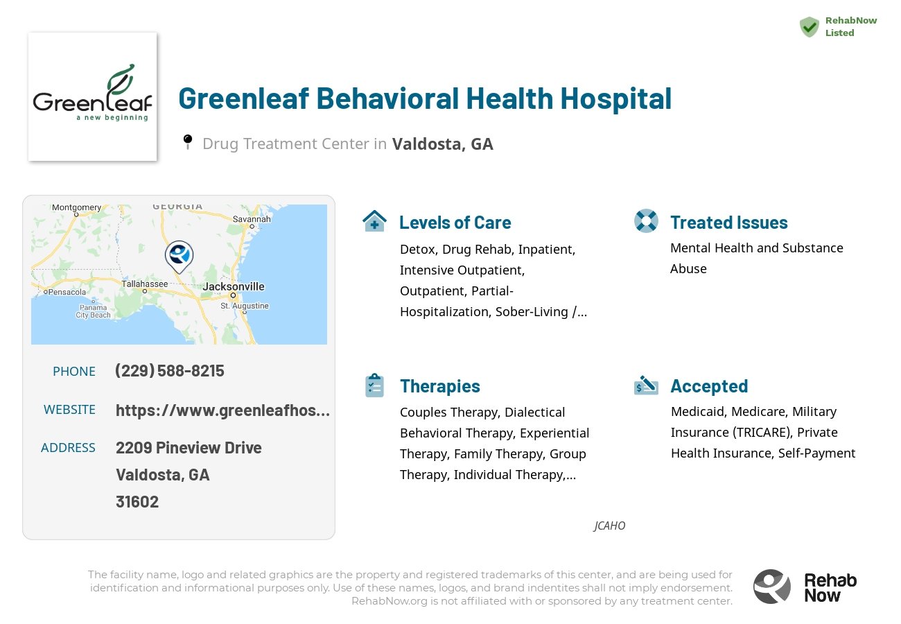 Helpful reference information for Greenleaf Behavioral Health Hospital, a drug treatment center in Georgia located at: 2209 2209 Pineview Drive, Valdosta, GA 31602, including phone numbers, official website, and more. Listed briefly is an overview of Levels of Care, Therapies Offered, Issues Treated, and accepted forms of Payment Methods.