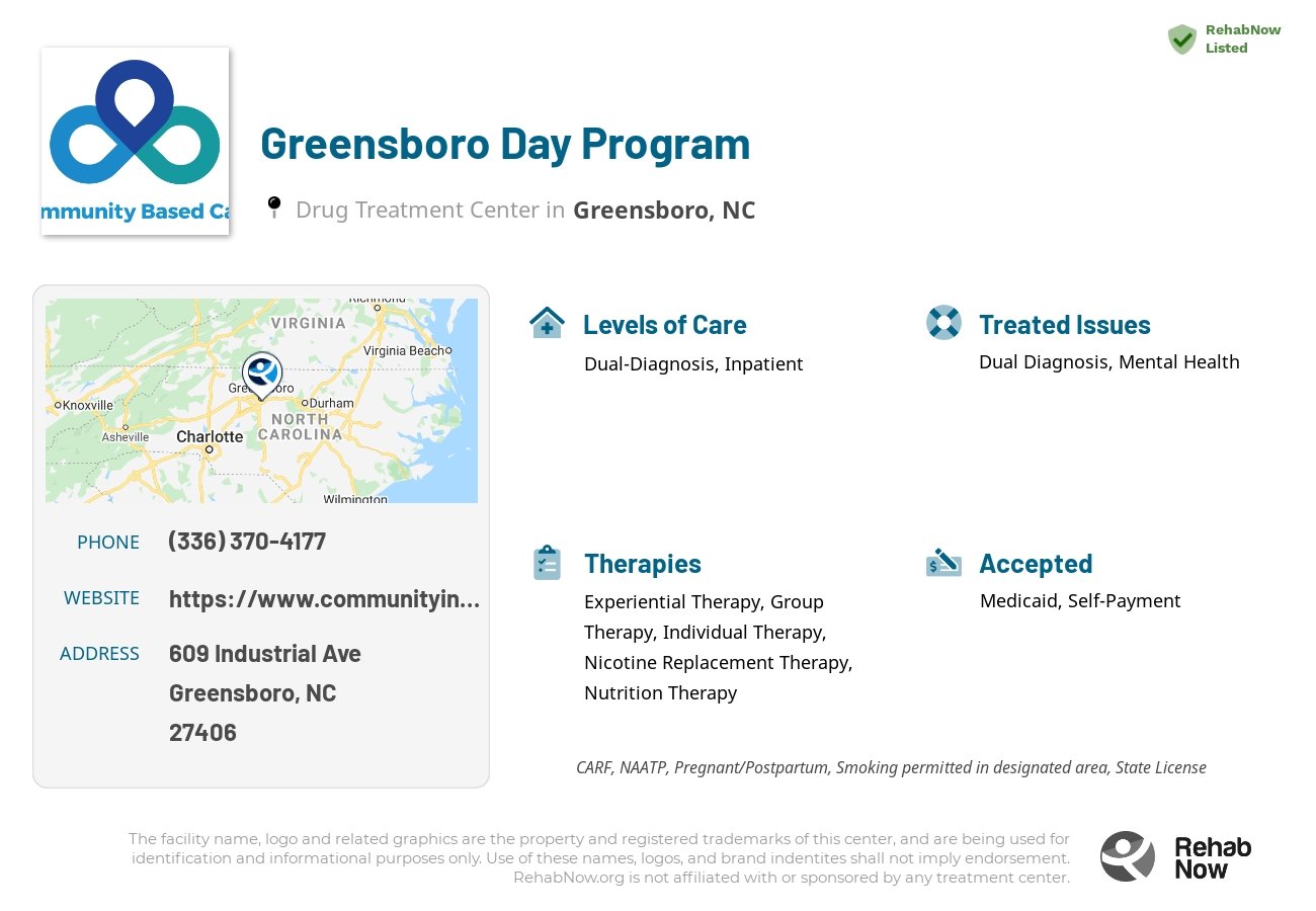 Helpful reference information for Greensboro Day Program, a drug treatment center in North Carolina located at: 609 Industrial Ave, Greensboro, NC 27406, including phone numbers, official website, and more. Listed briefly is an overview of Levels of Care, Therapies Offered, Issues Treated, and accepted forms of Payment Methods.