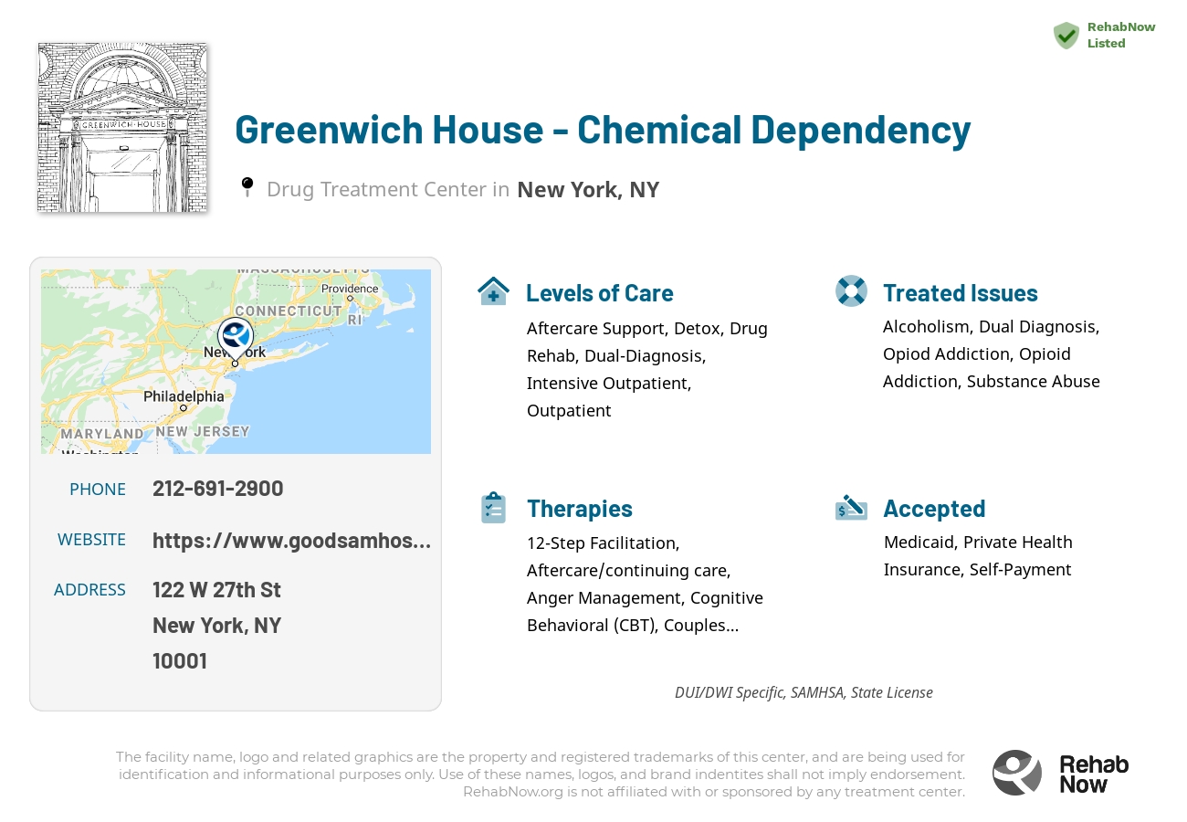 Helpful reference information for Greenwich House - Chemical Dependency, a drug treatment center in New York located at: 122 W 27th St, New York, NY 10001, including phone numbers, official website, and more. Listed briefly is an overview of Levels of Care, Therapies Offered, Issues Treated, and accepted forms of Payment Methods.