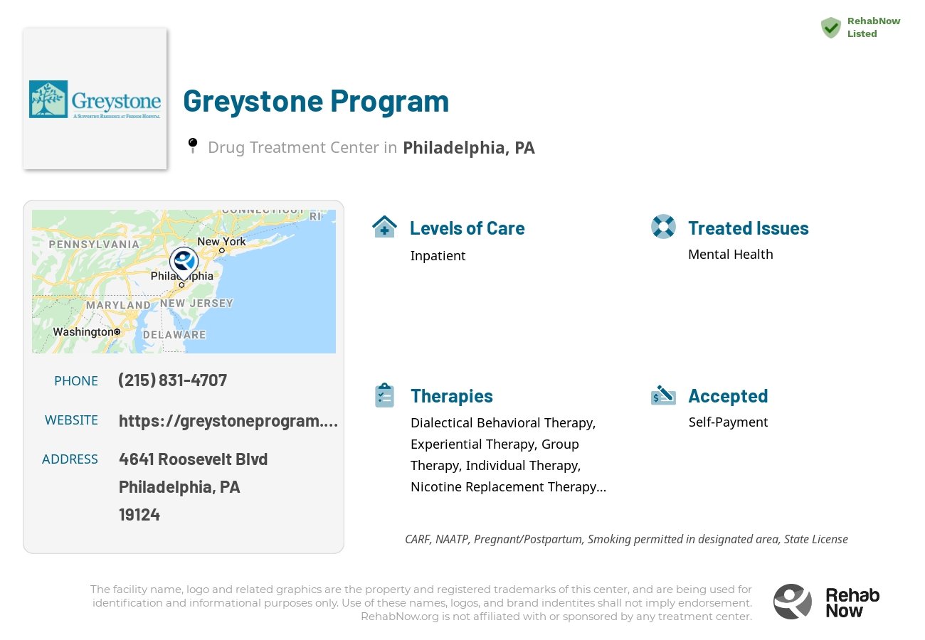 Helpful reference information for Greystone Program, a drug treatment center in Pennsylvania located at: 4641 Roosevelt Blvd, Philadelphia, PA 19124, including phone numbers, official website, and more. Listed briefly is an overview of Levels of Care, Therapies Offered, Issues Treated, and accepted forms of Payment Methods.