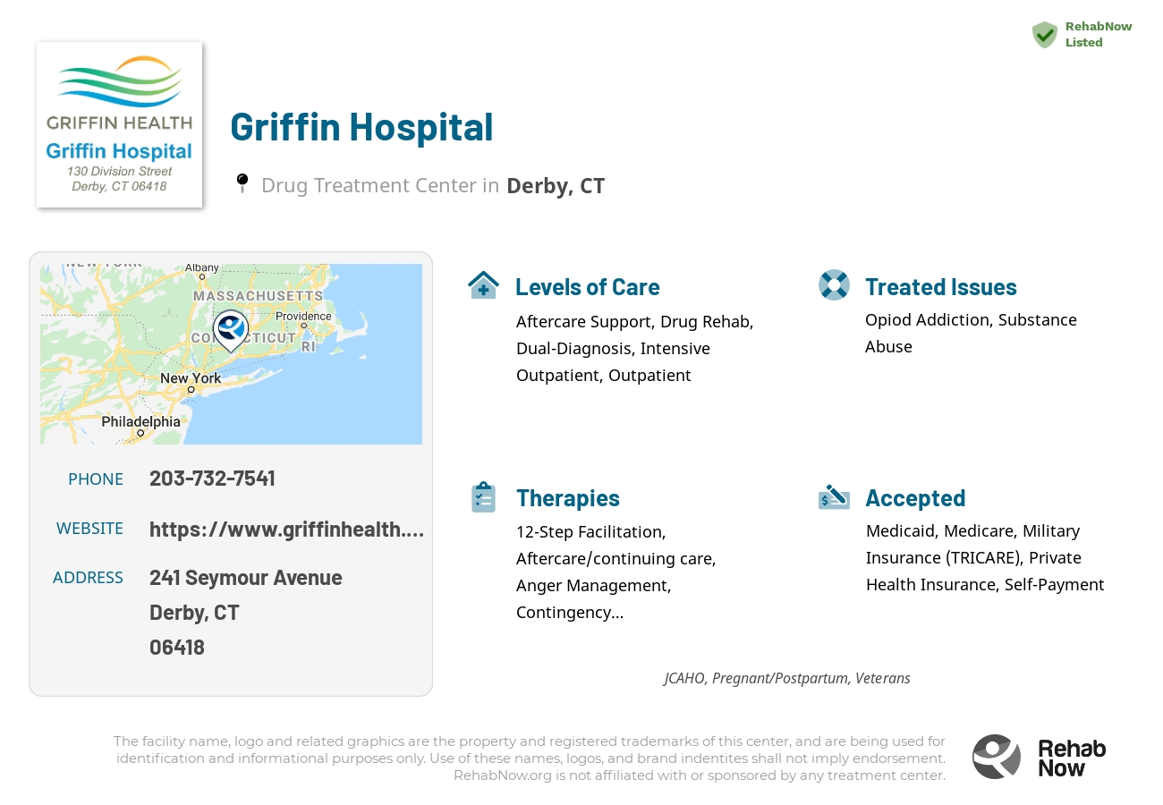 Helpful reference information for Griffin Hospital, a drug treatment center in Connecticut located at: 241 Seymour Avenue, Derby, CT 06418, including phone numbers, official website, and more. Listed briefly is an overview of Levels of Care, Therapies Offered, Issues Treated, and accepted forms of Payment Methods.